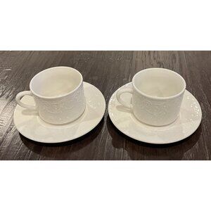 Tabletops Unlimited Battenburg Lace Tea Cup‎ Saucers Plate Set Of 2